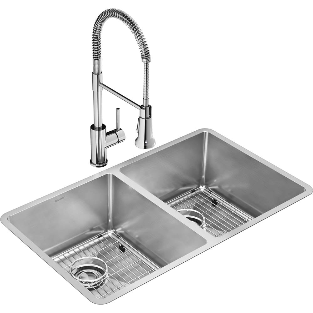 Elkay Crosstown 18 Gauge Stainless Steel 31-1/2'' x 18-1/2'' x 9'', Equal Double Bowl Undermount Sink Kit with Faucet