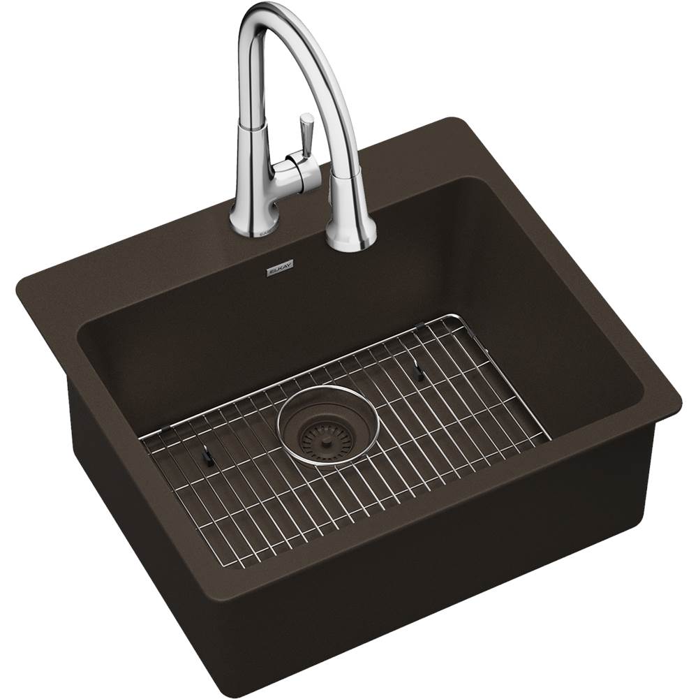 Elkay Quartz Classic 25'' x 22'' x 9-1/2'', Single Bowl Drop-in Sink Kit with Faucet, Mocha