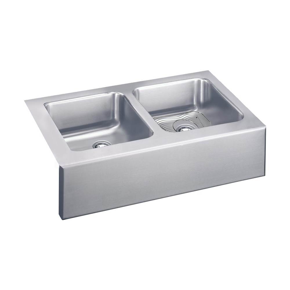 Elkay Lustertone Classic Stainless Steel 33'' x 20-1/2'' x 7-7/8'', Equal Double Bowl Farmhouse Sink Kit