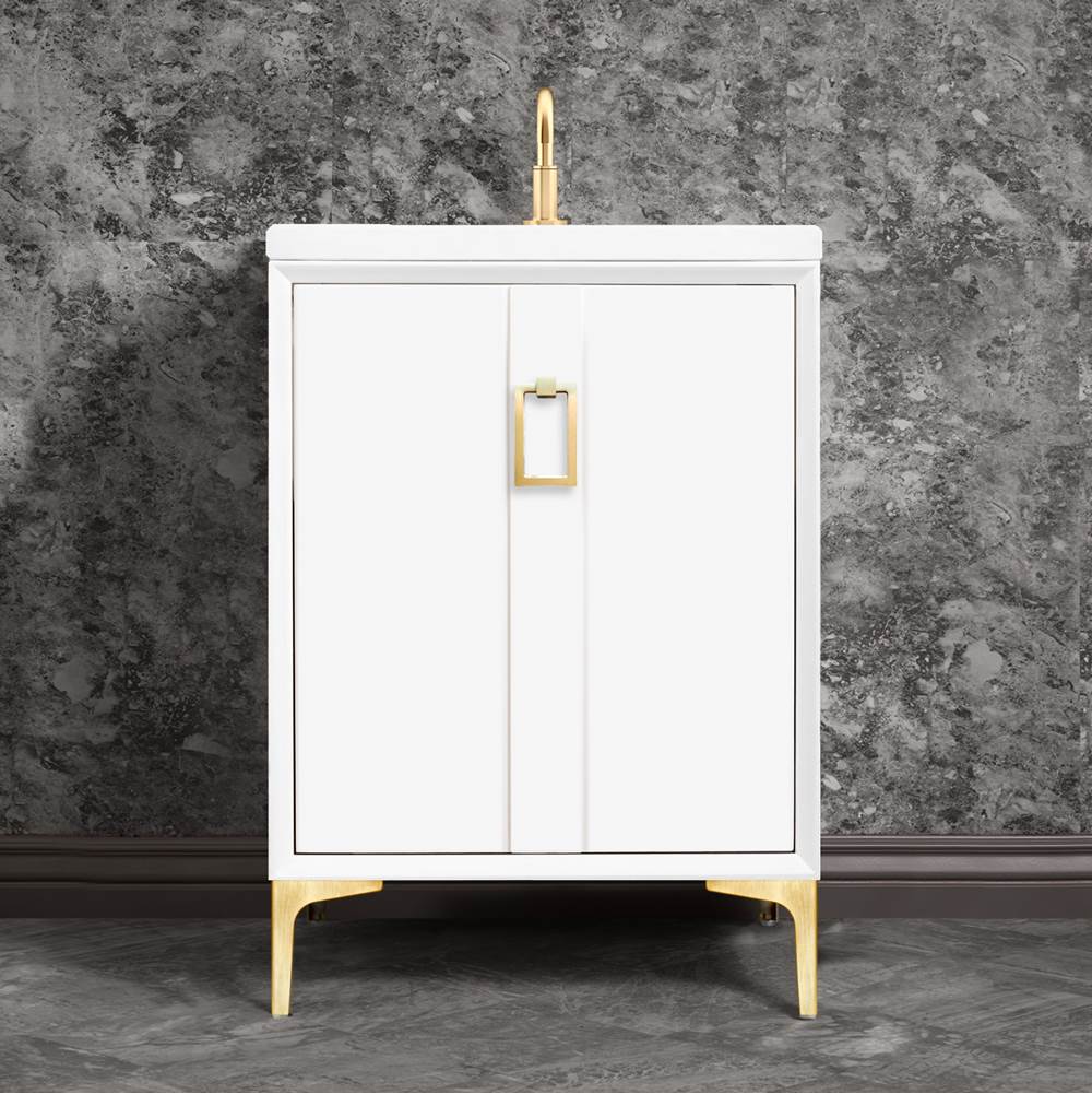 Linkasink Tuxedo 24'' Wide White Vanity with Satin Brass Coach Pull and Hardware, 24'' x 22'' x 33.5'' (without vanity top)