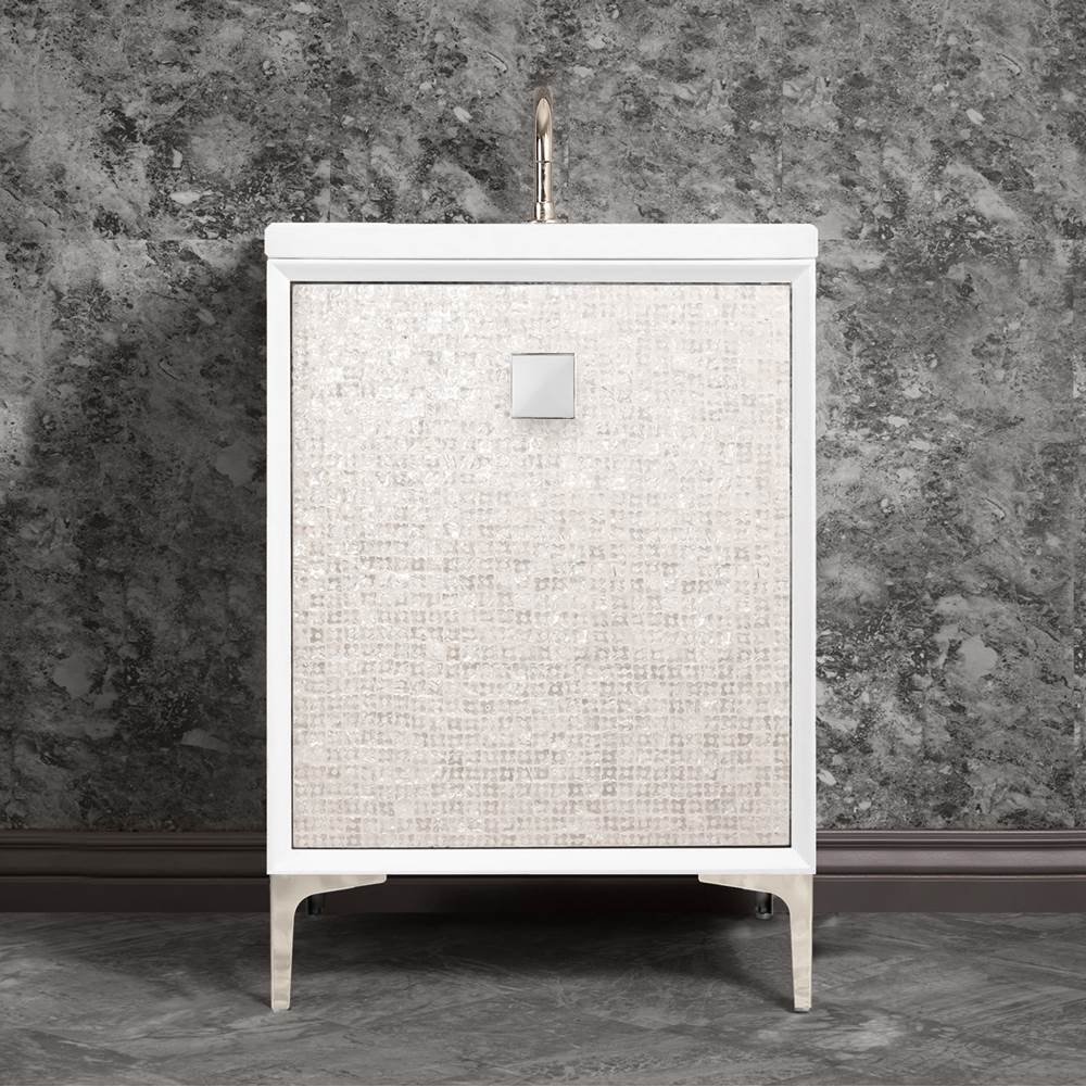 Linkasink MOTHER OF PEARL with 3'' Artisan Glass Prism Hardware 24'' Wide Vanity, White, Polished Nickel Hardware, 24'' x 22'' x 33.5'' (without vanity top)