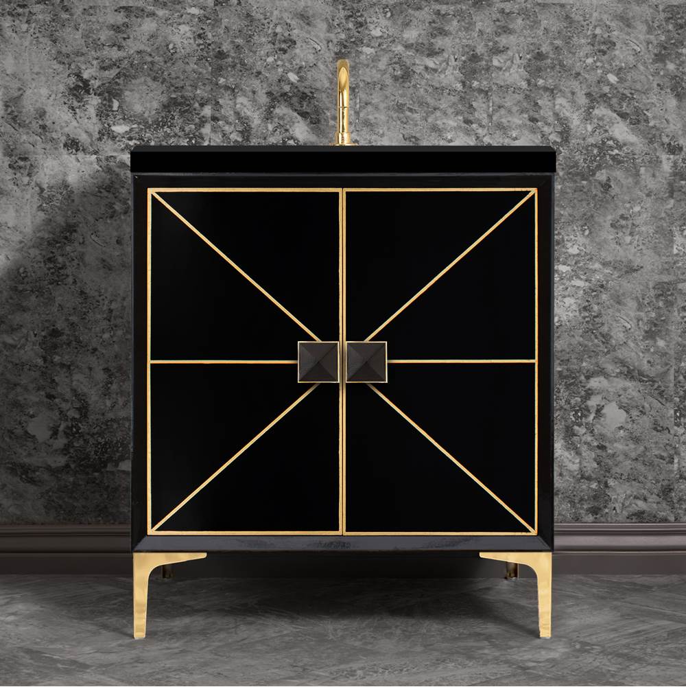 Linkasink DIVERGENCE with Artisan Glass Hardware 30'' Wide Vanity, Black, Polished Brass Hardware, 30'' x 22'' x 33.5'' (without vanity top)