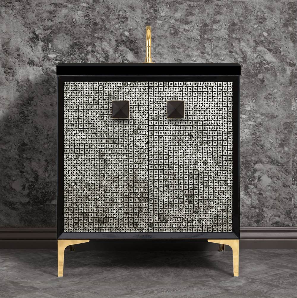Linkasink MOTHER OF PEARL with 3'' Artisan Glass Prism Hardware 30'' Wide Vanity, Black, Polished Brass Hardware, 30'' x 22'' x 33.5'' (without vanity top)