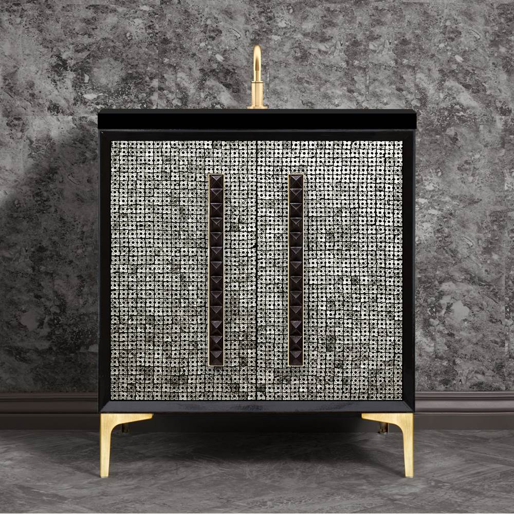 Linkasink MOTHER OF PEARL with 18'' Artisan Glass Pyramid Hardware 30'' Wide Vanity, Black, Satin Brass Hardware, 30'' x 22'' x 33.5'' (without vanity top)