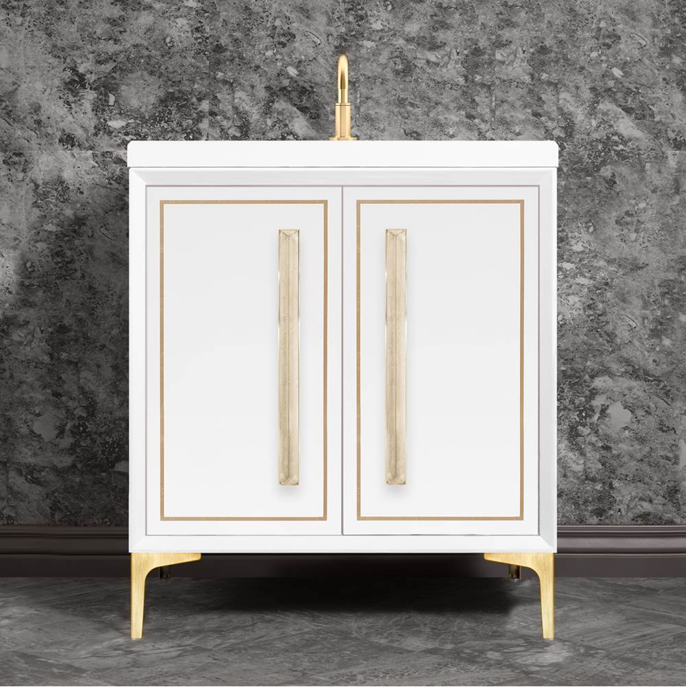 Linkasink LINEA with 18'' Artisan Glass Prism Hardware 30'' Wide Vanity, White, Satin Brass Hardware, 30'' x 22'' x 33.5'' (without vanity top)