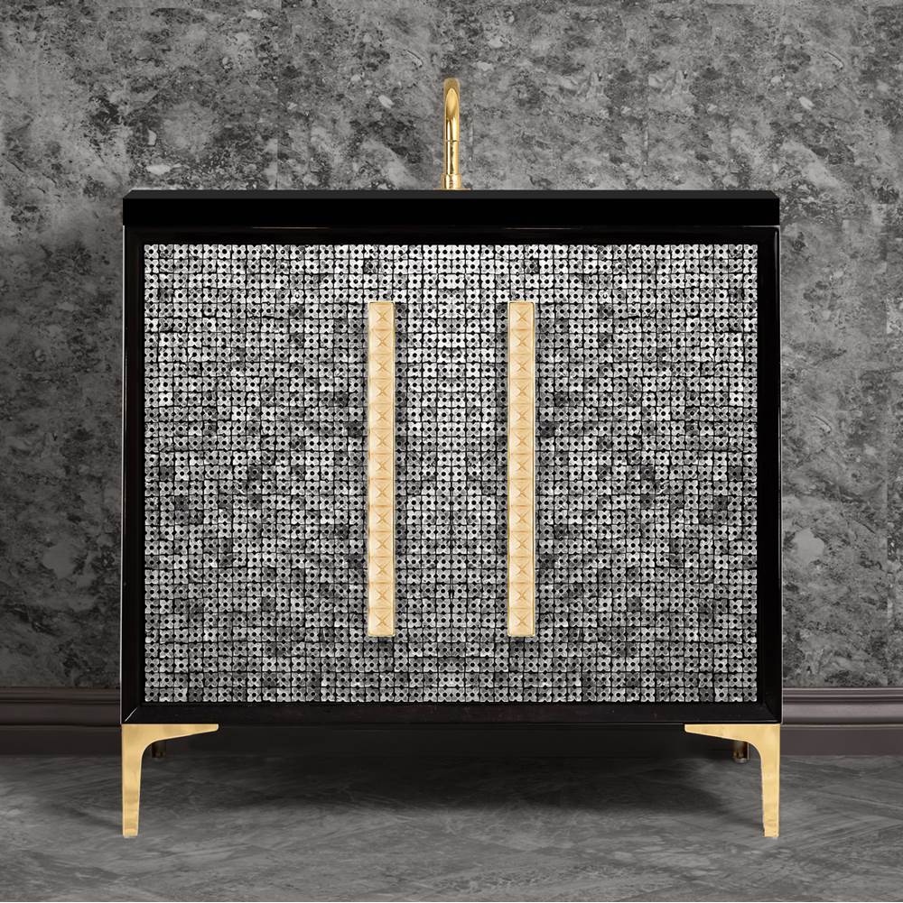 Linkasink MOTHER OF PEARL with 18'' Artisan Glass Pyramid Hardware 36'' Wide Vanity, Black, Polished Brass Hardware, 36'' x 22'' x 33.5'' (without vanity top)