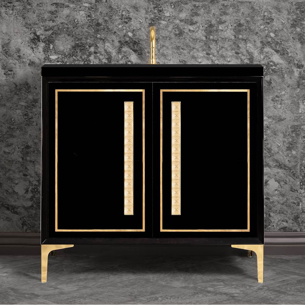 Linkasink LINEA with 18'' Artisan Glass Pyramid Hardware 36'' Wide Vanity, Black, Polished Brass Hardware, 36'' x 22'' x 33.5'' (without vanity top)