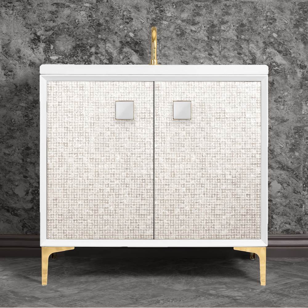 Linkasink MOTHER OF PEARL with 3'' Artisan Glass Prism Hardware 36'' Wide Vanity, White, Polished Brass Hardware, 36'' x 22'' x 33.5'' (without vanity top)