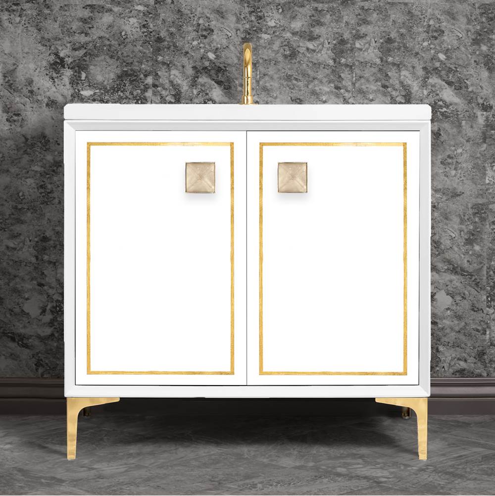 Linkasink LINEA with 3'' Artisan Glass Prism Hardware 36'' Wide Vanity, White, Polished Brass Hardware, 36'' x 22'' x 33.5'' (without vanity top)