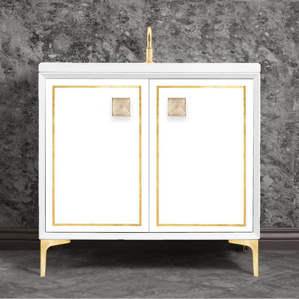 Linkasink LINEA with 3'' Artisan Glass Prism Hardware 36'' Wide Vanity, White, Satin Brass Hardware, 36'' x 22'' x 33.5'' (without vanity top)