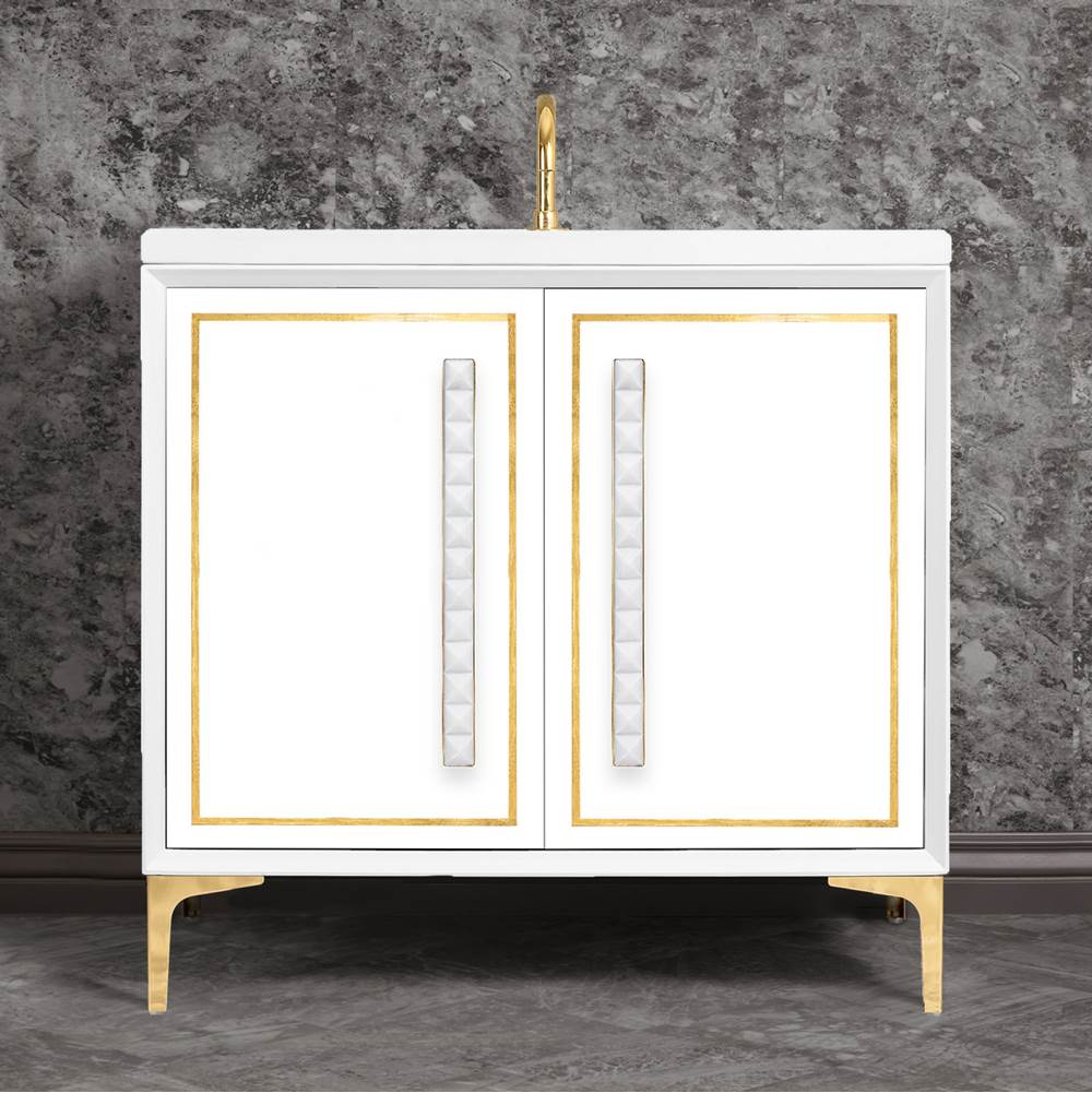 Linkasink LINEA with 18'' Artisan Glass Pyramid Hardware 36'' Wide Vanity, White, Polished Brass Hardware, 36'' x 22'' x 33.5'' (without vanity top)