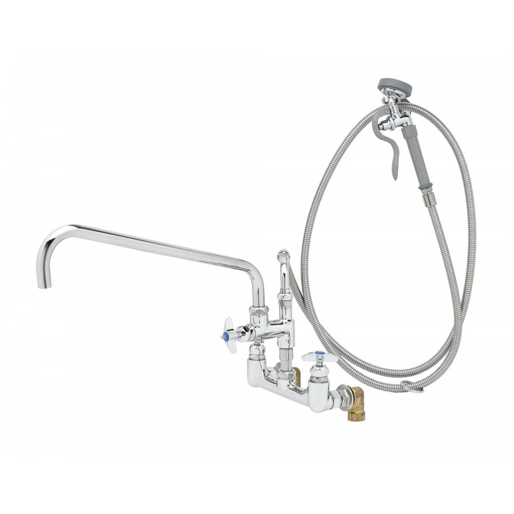 T&S Brass Big-Flo Spray Assembly: 8'' Wall Mount, 18'' Add-On Faucet, Angled Spray Valve, Elbow Inlets