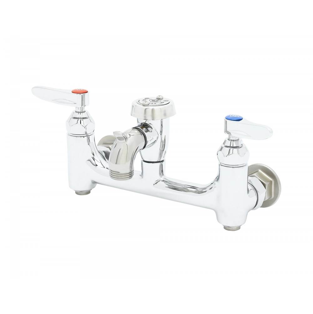 T&S Brass Service Sink Faucet, Wall Mount, 8'' Centers, Vac. Breaker, Built-In Stops, Polished
