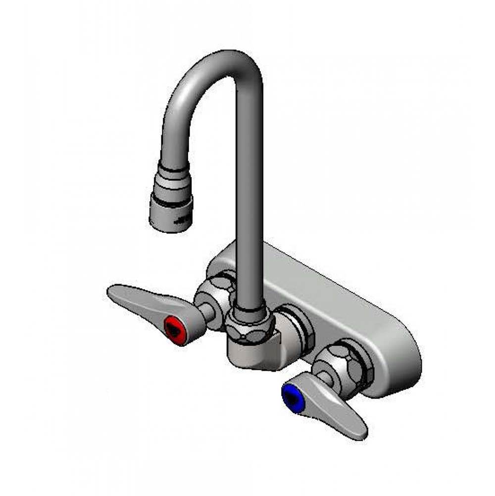 T&S Brass Workboard Faucet, 4'' Wall Mount, Ceramas, Swivel Gooseneck, 1.0 GPM VR Aerator, Levers