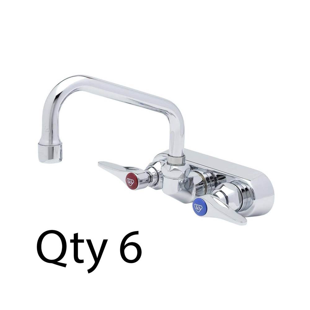 T&S Brass Workboard Faucet, Wall Mount, 4'' Centers, 8'' Swing Nozzle, Lever Handles (Qty. 6)